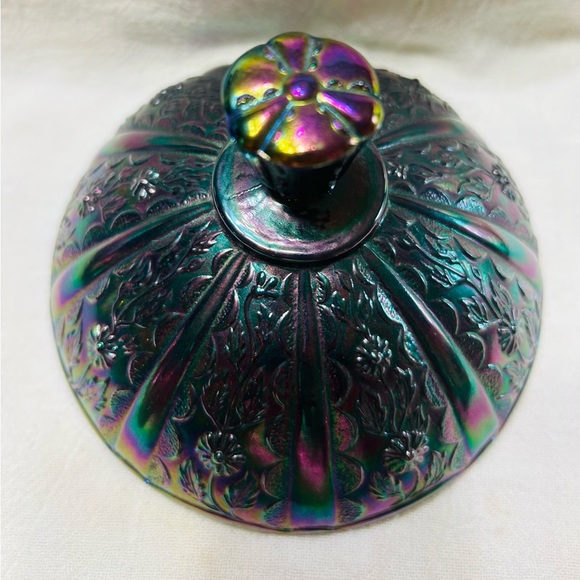 Vintage Fenton Black carnival glass paneled amethyst daisy candy dish. Mint - Picture 8 of 11